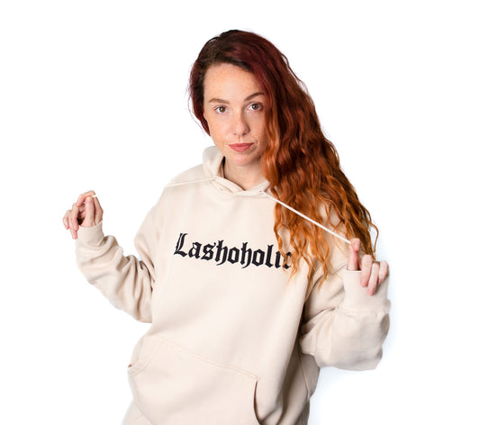 Tan Hoodie "Lashoholic"